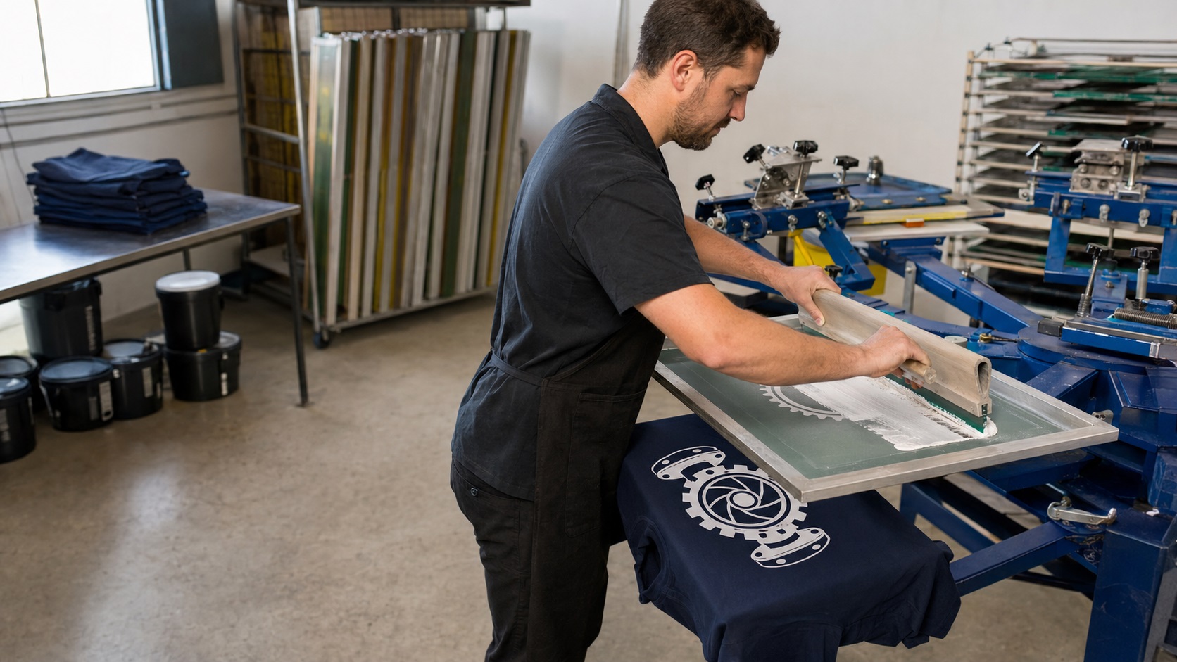 Technician applying a white silk-screen print to a navy workwear shirt using professional screen-printing equipment