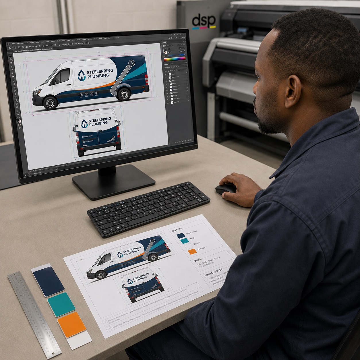 DSP in-house designer preparing vehicle branding artwork for production in Springs, Gauteng